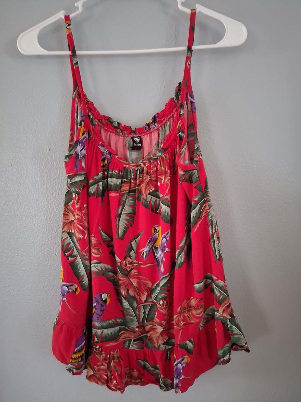 Red Tropical Leaf Print Tank Top With Ruffle Hem
